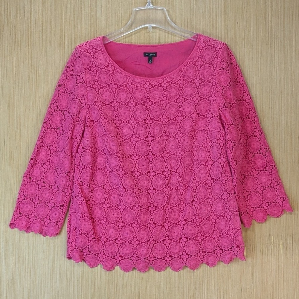 Talbots Womens Boho Preppy Floral Lace Resort Cotton Blouse Top 16 Bright Pink